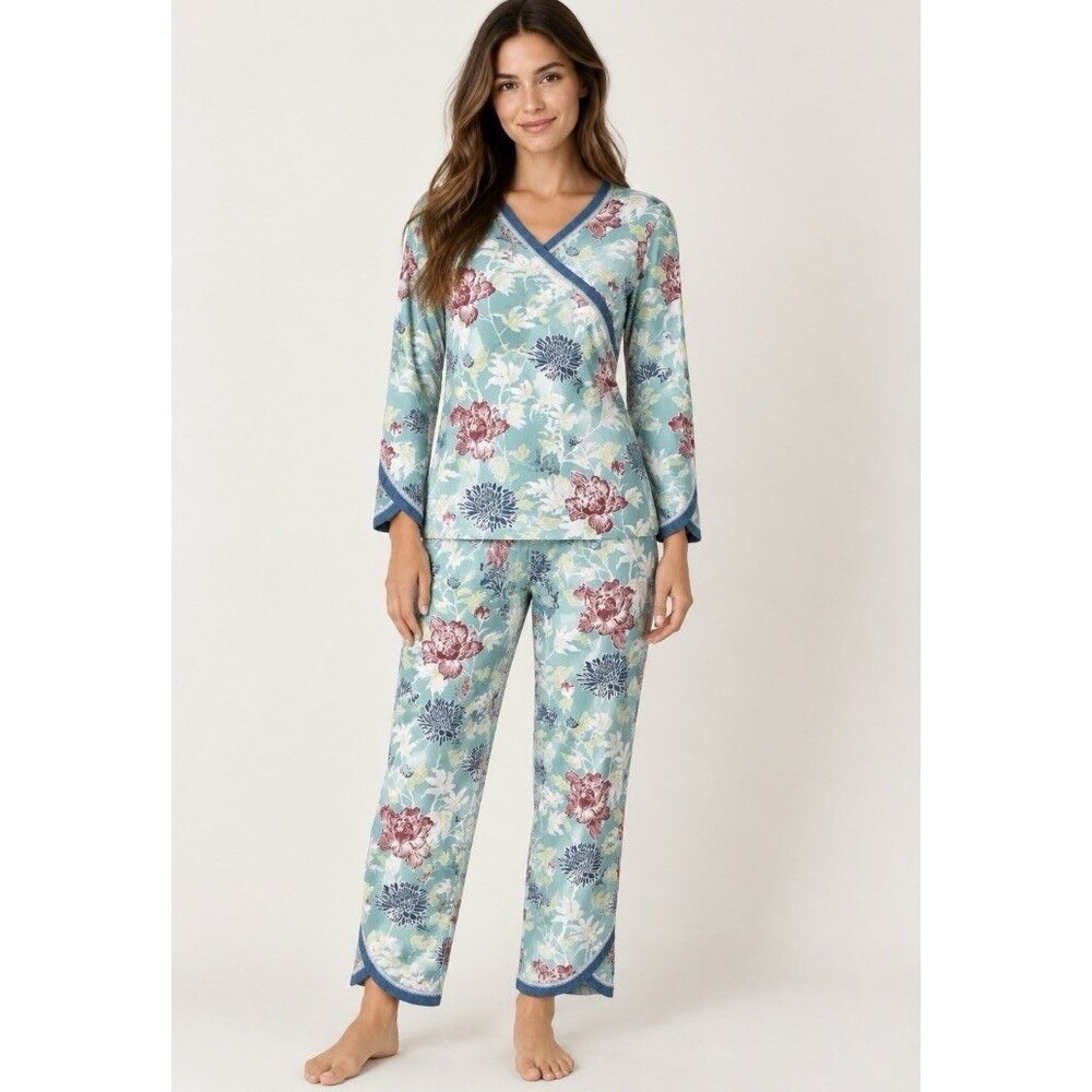 Garnet Hill Organic Cotton Full Length Asian Wrap Pajamas Blue Floral Size S